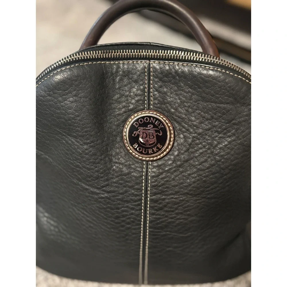 Dooney & Bourke Vintage Black Pebbled Leather Dome Backpack Brown Straps